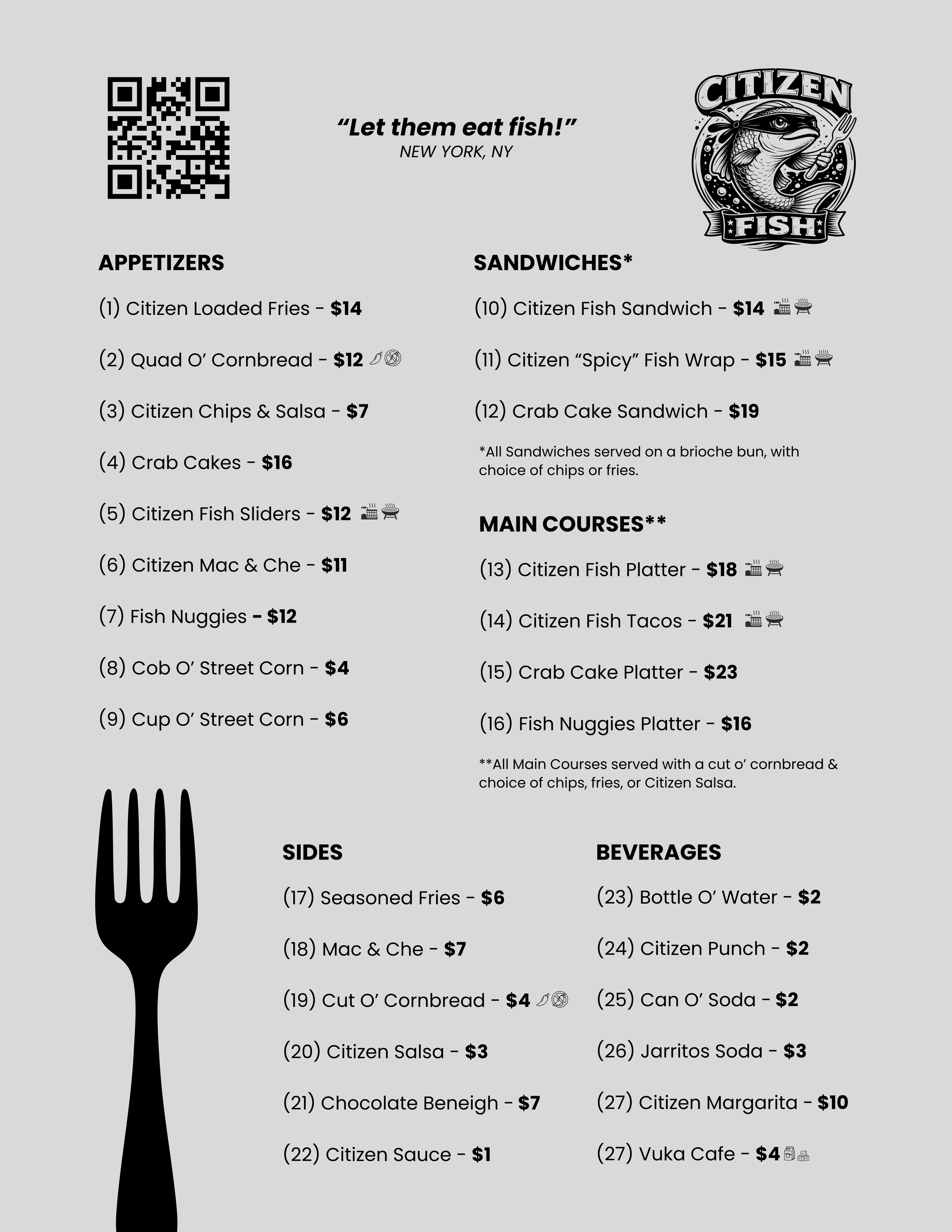 Citizen Fish printed menu — New York, NY